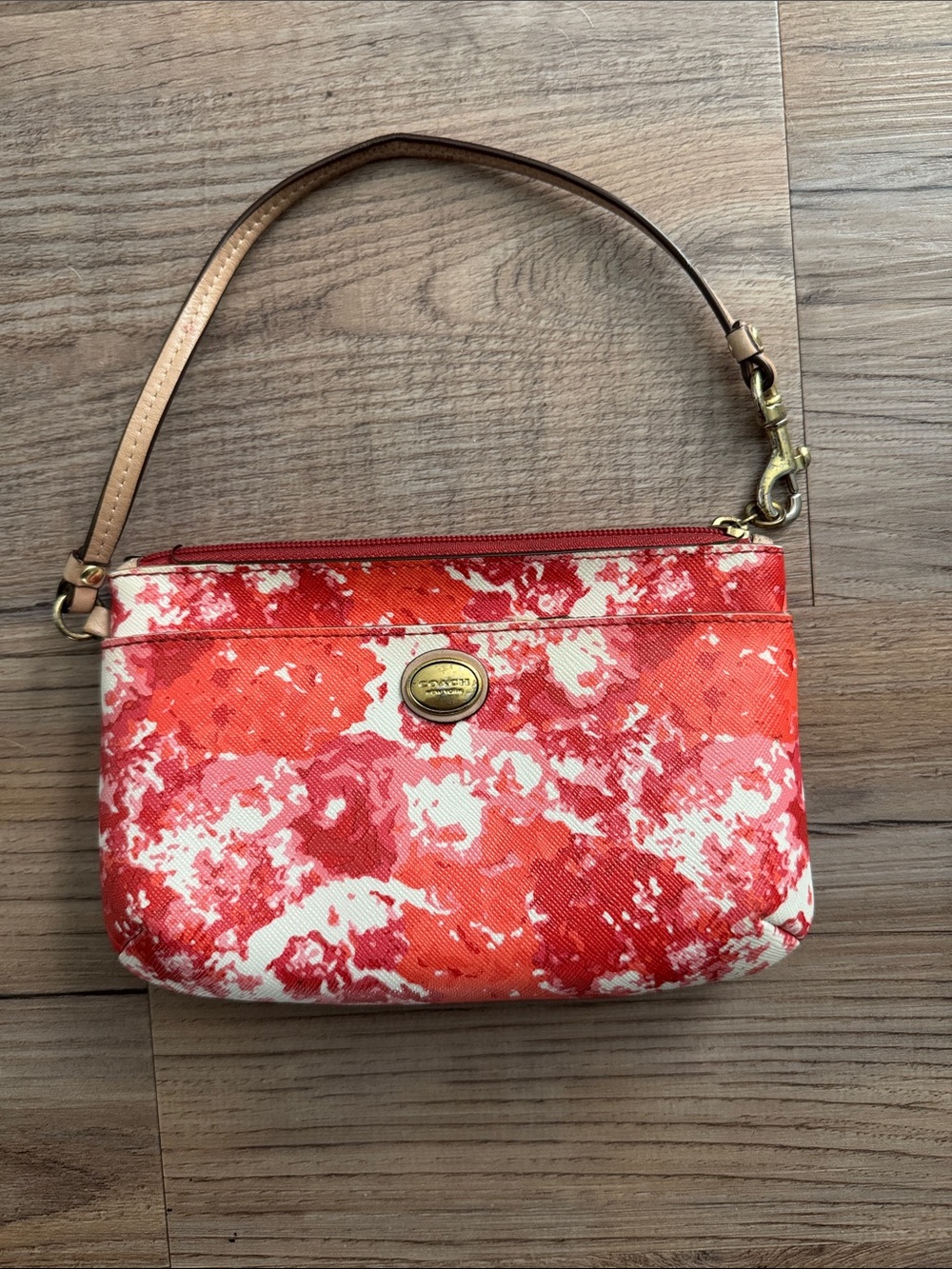 Coach Coral Red Floral Canvas Wristlet with Tan Strap